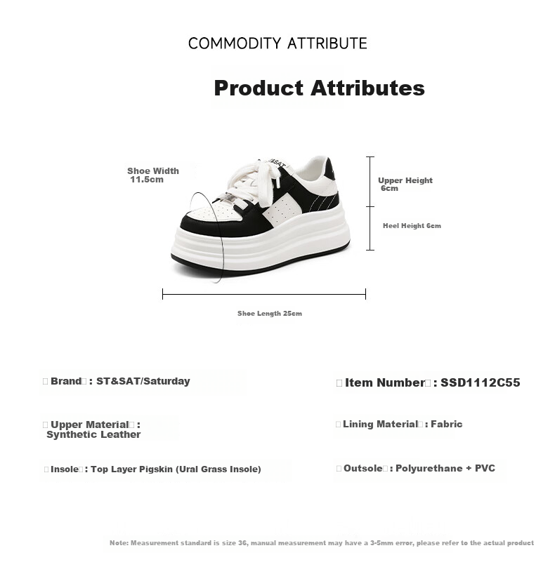 St&Sat Women's Thick-Soled Sneakers, 2025 Spring New Style Versatile Color-Block Casual Shoes SSD1112C55, Black, Size 37 2