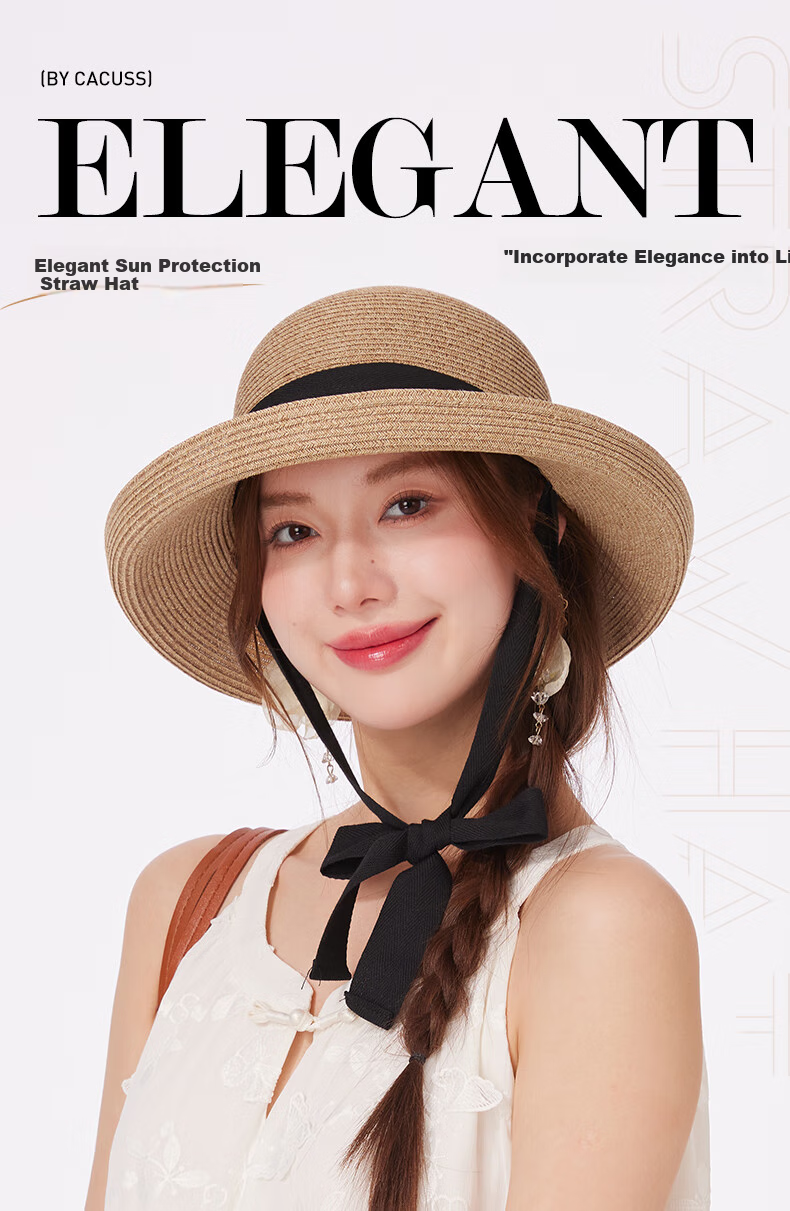 CACUSS Straw Hat for Women, Summer Sun Hat, French Elegant Style, Face-Slimming Effect, Rear Split with Bow, Beige 1