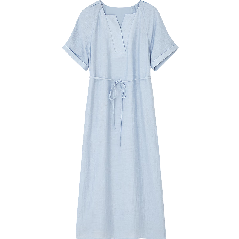 Demana Natural European Style Summer Cool Linen Blend V-Neck Straight Small Women's Dress