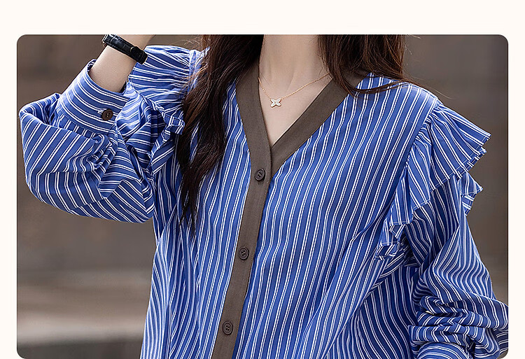 Dme [Straight to the Sky], Autumn Design V-Neck Striped Cotton Shirt, Patchwork Flutter Sleeves, Loose Blouse, Women's Top 4