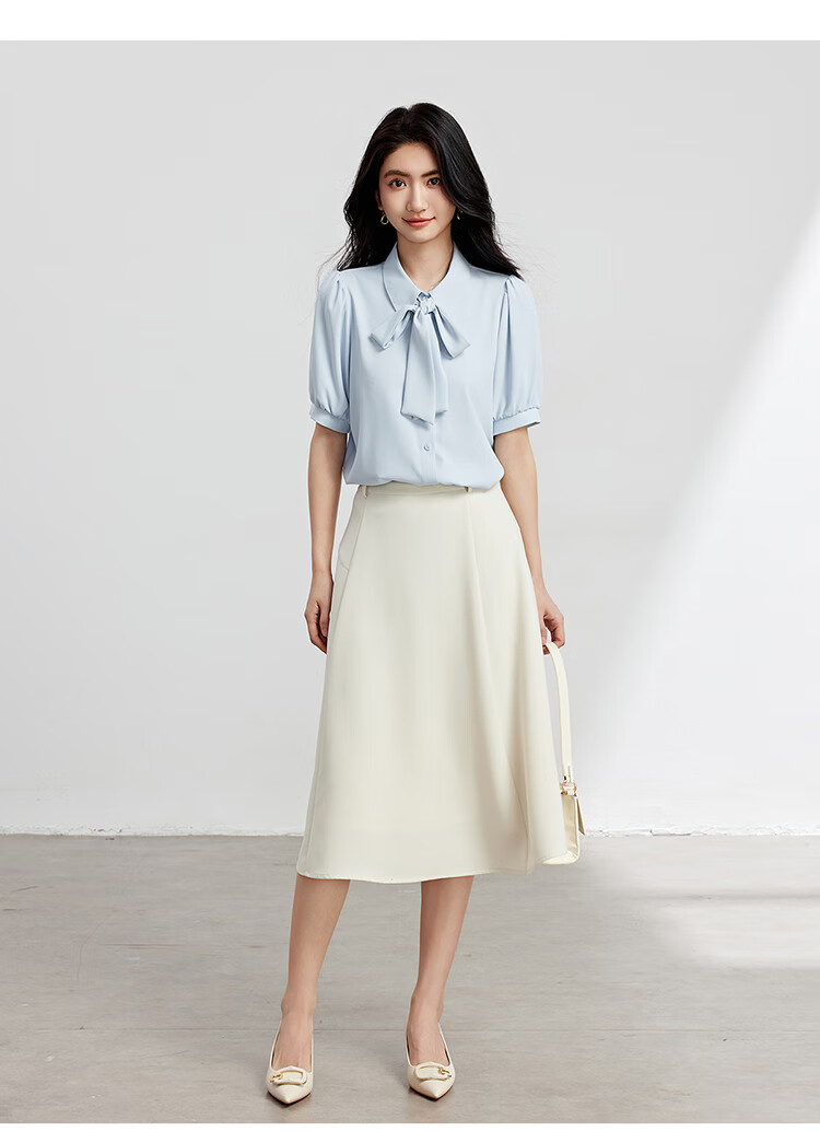 Bodexiaojie White Bow-Tie Blouse for Women, Stylish Tie-Up Short-Sleeve Top, Elegant Office Wear for White-Collar Professionals, XL 7