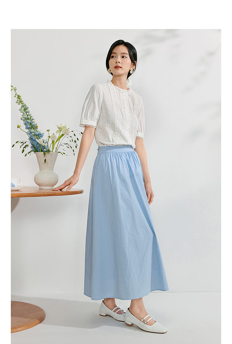 Inman Lotus Leaf Collar Hollow Embroidered Pure Cotton Shirt 2025 Summer Women's Vacation Style Puff Sleeve Blouse Pearl White M 24