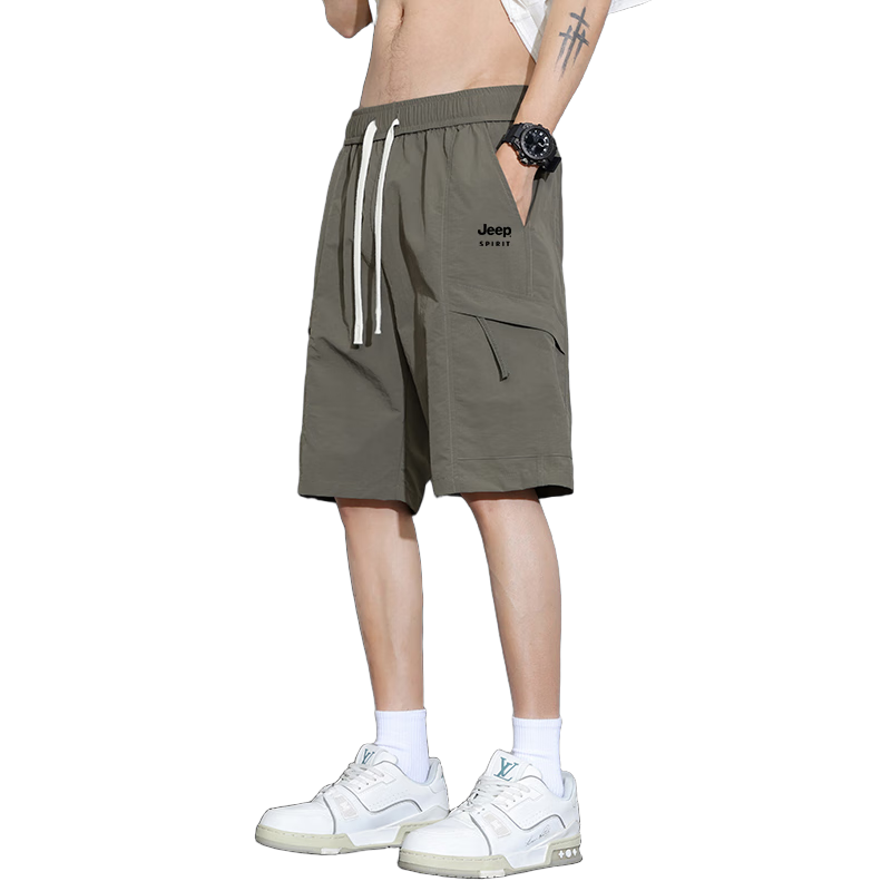 JEEP SPIRIT Men's Shorts, Summer Ice Silk Quick-Dry Sports Pants, Casual Cargo Five-Point Shorts, Thin Style for Outdoor Wear, Mid-Length Pants