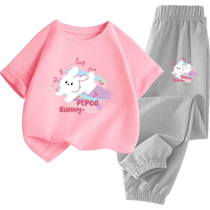 PEPCO Girls' Summer Set 2026 Cotton Stylish Round Neck Short Sleeve Top and Anti-Mosquito Pants Two-Piece Children's Summer Outfit