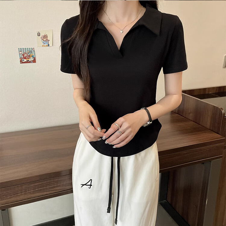 Langsha Women's Short Sleeve V-Neck T-Shirt Summer Fashion Versatile High-End Black Slim Fit Crop Top 19