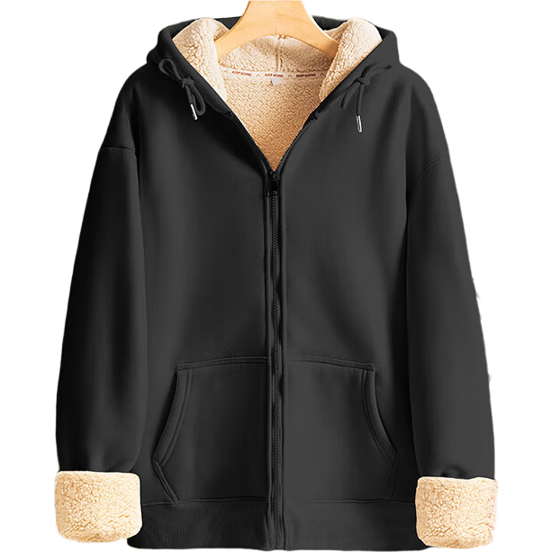 Jeanswest Women's Sherpa Fleece Hoodie Jacket Winter Thickened Hooded Zip-up Sweatshirt Black S