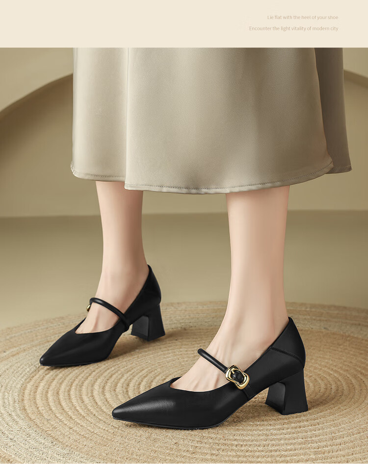 ZHR Zese Mary Jane Women's Pointed Toe Summer Single Shoes Shallow Mouth Chunky Heel One-strap Shoes BL379F Beige 37 22