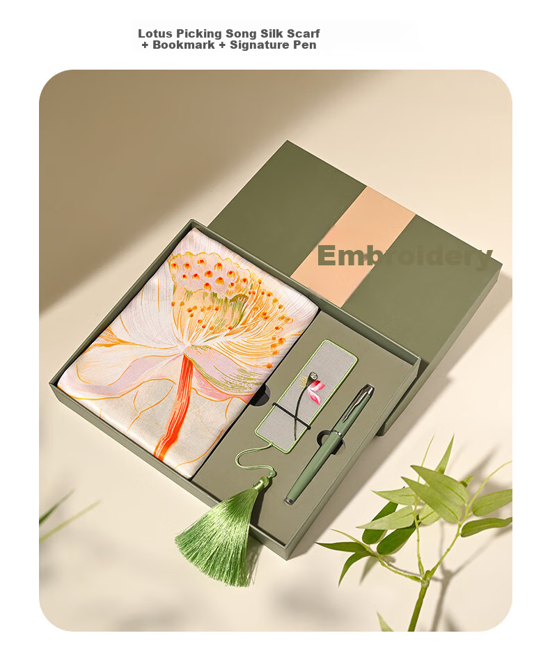Hangsilu Silk Scarf, Women's Suzhou Embroidery Bookmark Pen Set, Mulberry Silk Shawl Scarf, Gift for Mom's Birthday, High-End Practical Present 13