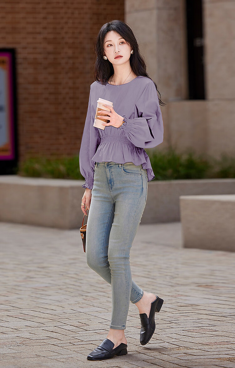 Dme [Will Breathe Cotton] Spring And Autumn French-Style Relaxed Round Neck Smock Waist-Cinching Drop Shoulder Slimming Shirt Women's Top 25