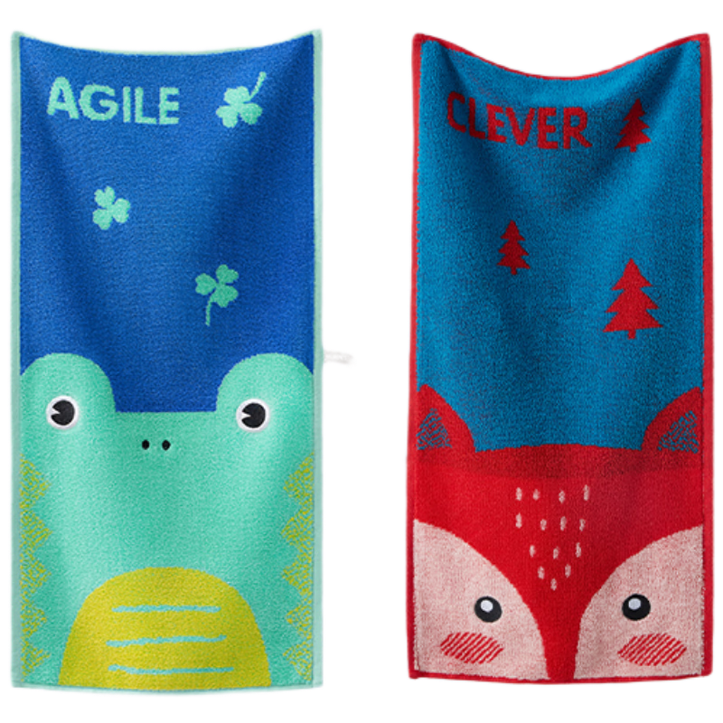 Grace Pure Cotton Children's Towel, Face Washing Baby, Awakening Forest Home Cartoon Animal Face Towel for Sports, Green + Blue