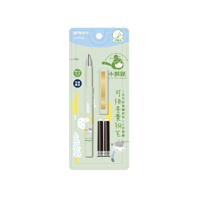 M&G Stationery Little Magpie EF Nib Fountain Pen Set (1 Fountain Pen + 2 Blue Erasable Ink Cartridges, 3.4mm) Student Writing Pen HAFP1759 Light Green