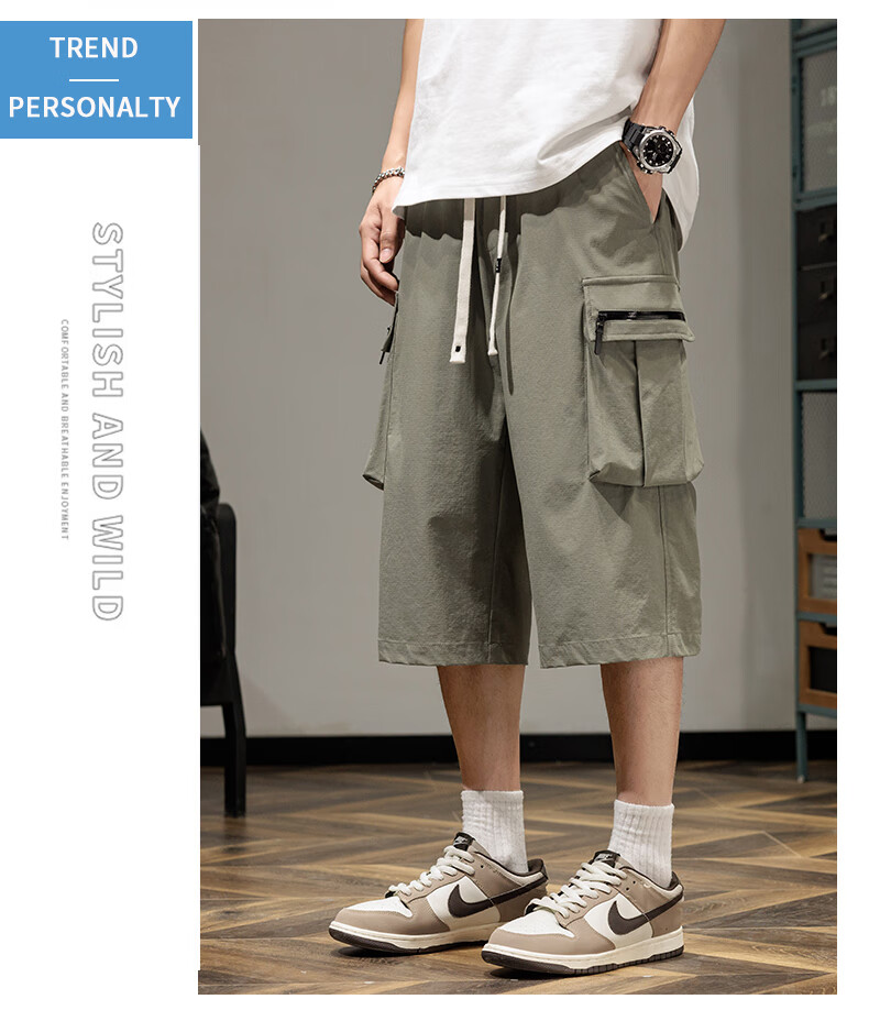 CLOR Men's Work Shorts Summer Thin Ice Silk Quick-Dry Loose Fit Knee-Length Straight Pants DDWD04 Black XL 13