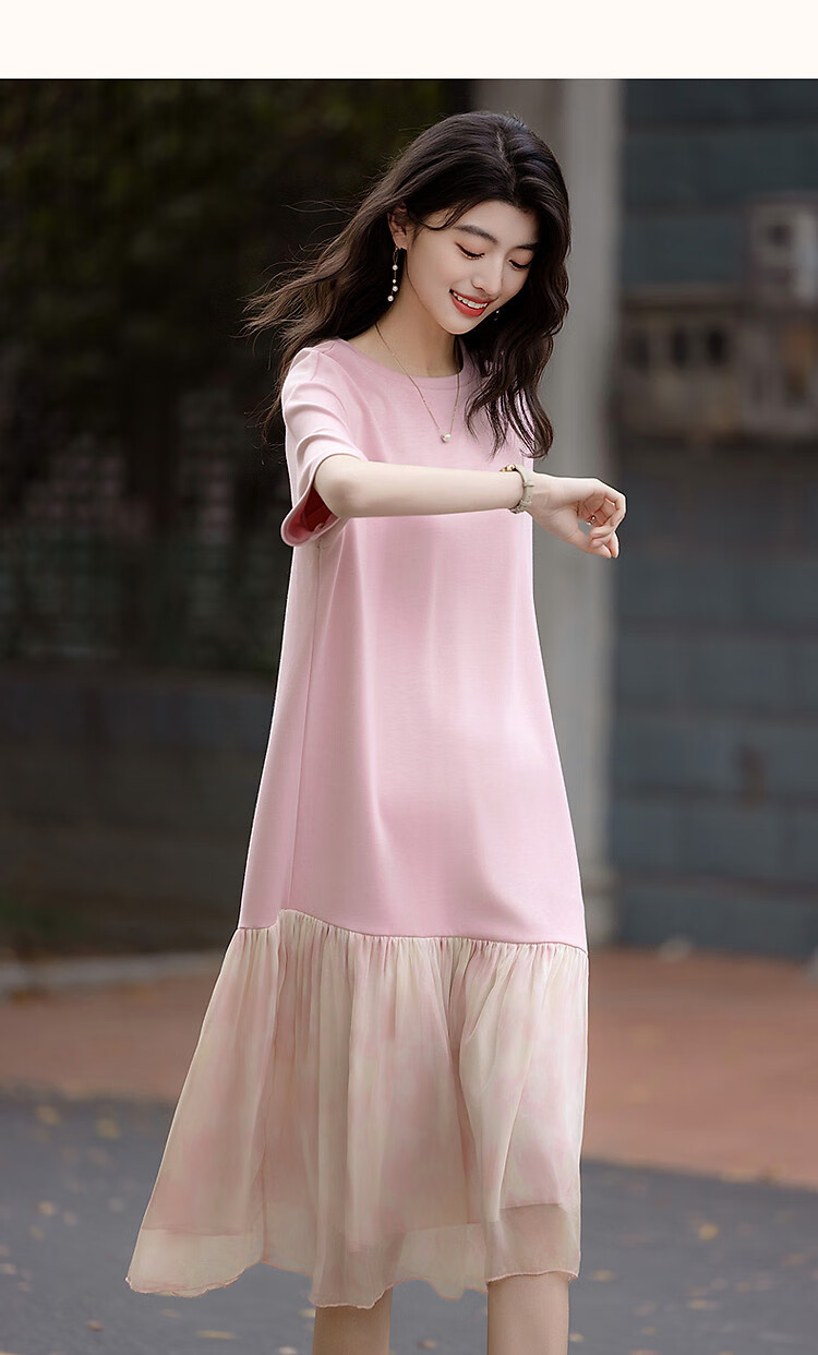 Demana Weekend Casual Summer French Style Round Neck Loose Waist Short Sleeve Printed Patchwork T-Shirt Dress for Women 9