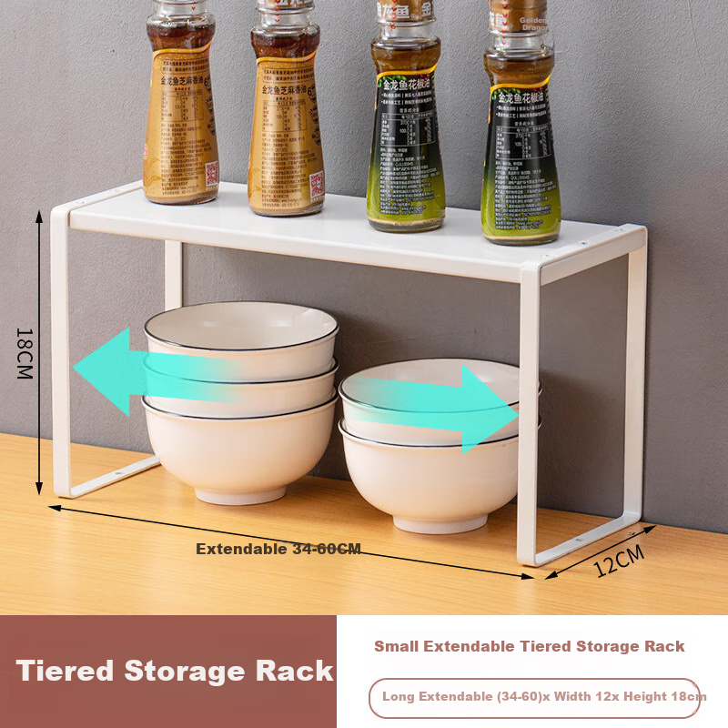 Ourunzhe Kitchen Storage Rack, Extendable Shelf 34-60cm, Cabinet Organizer, Stackable, Small Size in Off-White Color
