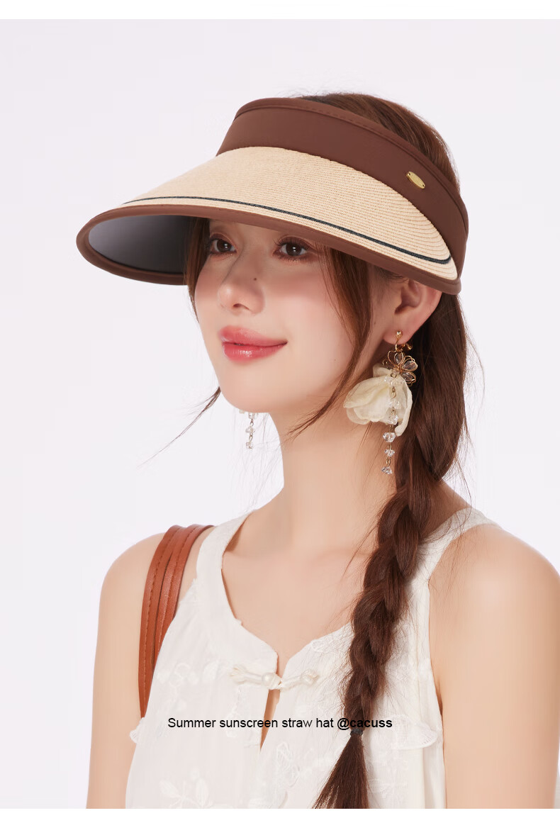 CACUSS Women's Summer Straw Sun Hat with Open Top, Wide Brim, Fashionable Floral Ribbon, Face-Slimming Sun Hat, Huaxin Coffee Color 14
