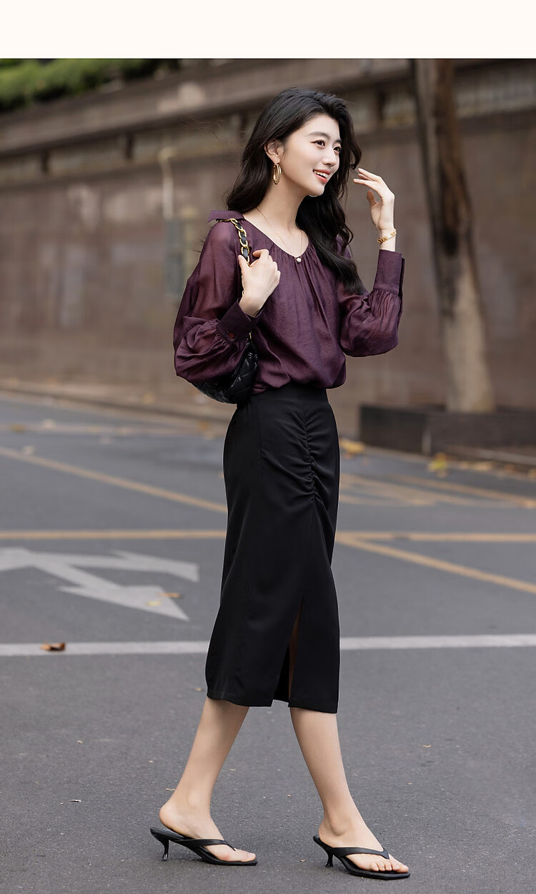 Dme [Monet Purple Series] Autumn Wrinkled Shiny Silk Blouse, Pleated V-Neck Short Front Long Back Shirt, Women's Top 13