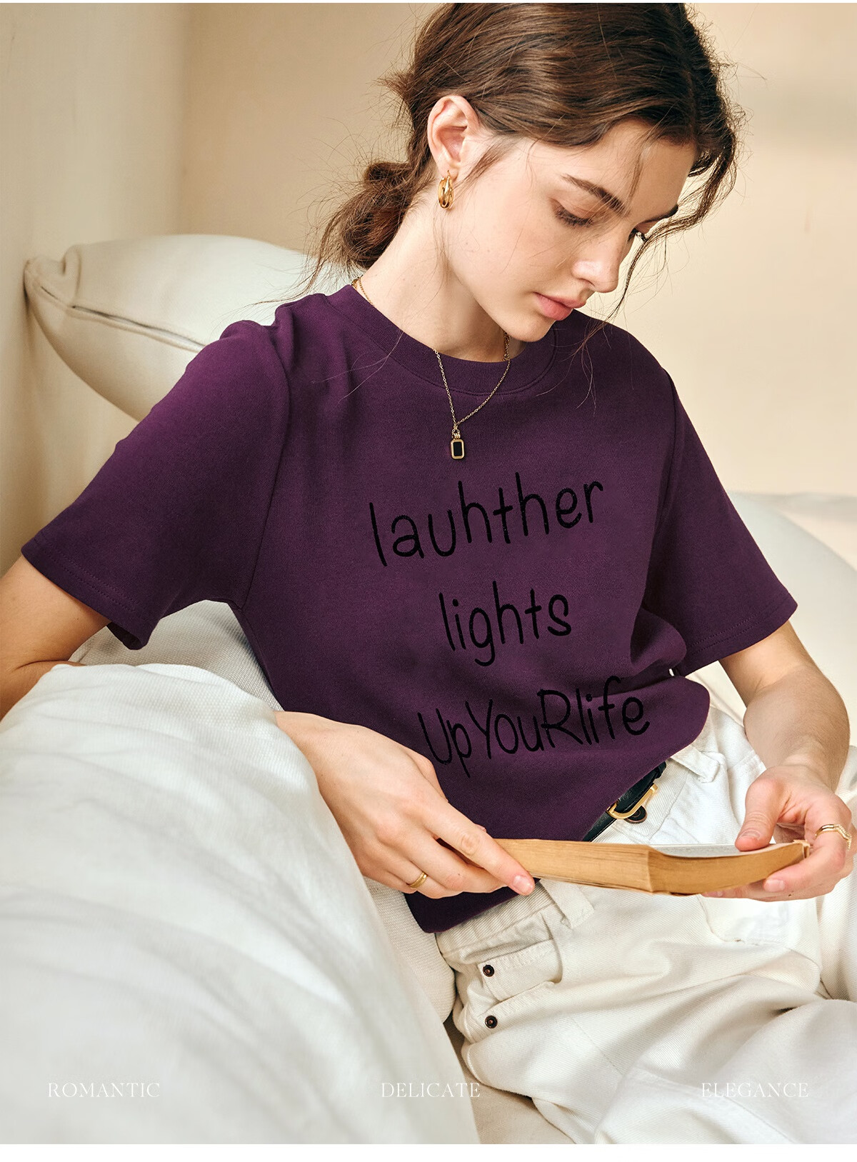 Oulain Letter Print Short-Sleeve T-Shirt, Women's Versatile Loose Casual Round Neck Top, Purple, S 24