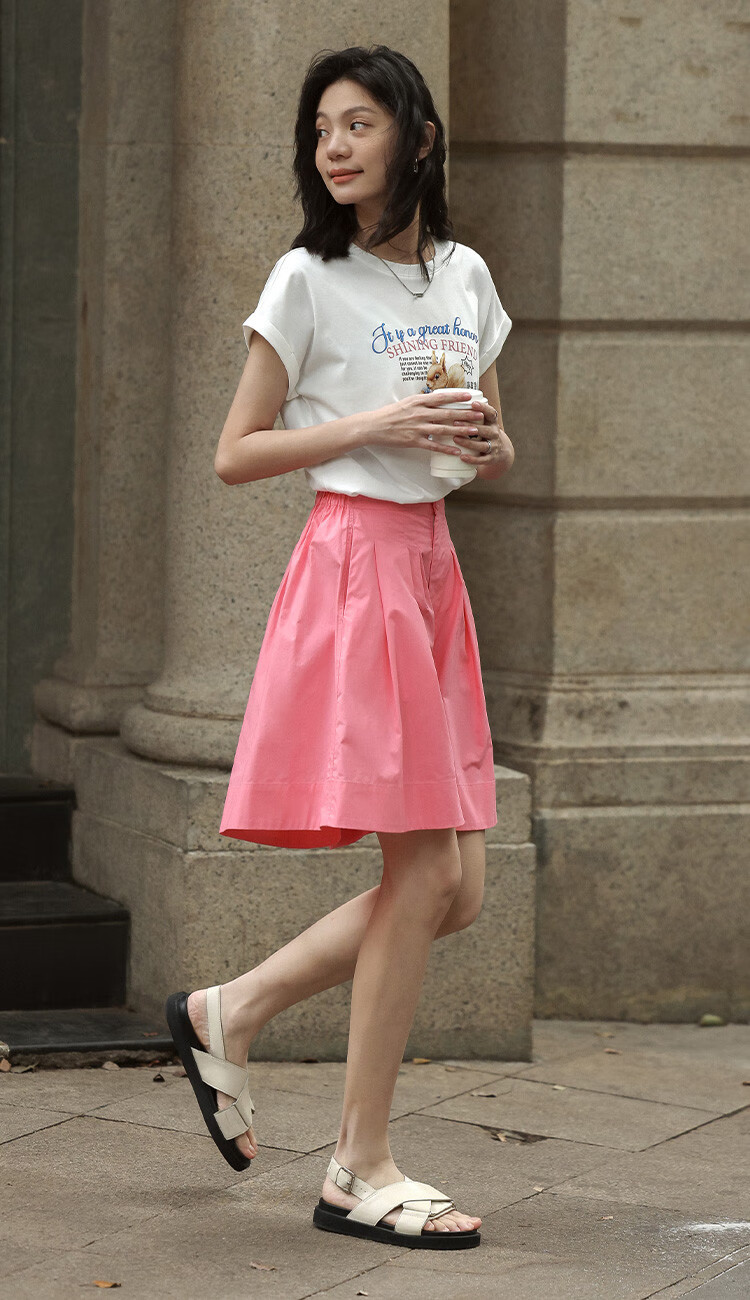 Dme [Comfortable Casual Wide-Leg Shorts] Summer Single-Button Half-Elastic Wide-Leg Pants Knee-Length Shorts for Wome 4