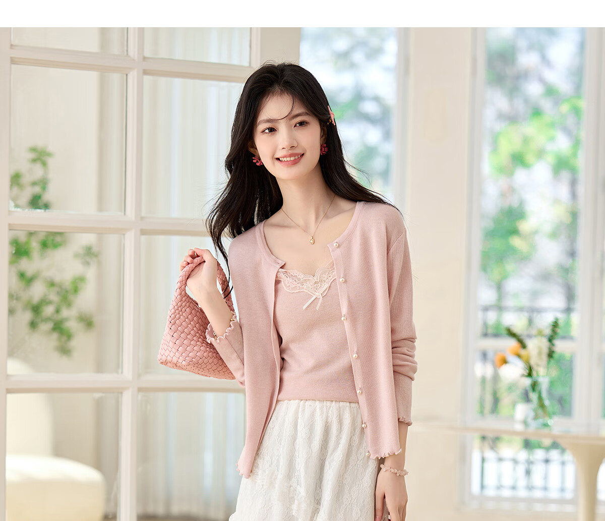 PinCai Knitted Cardigan for Women, Lace Design Inner Vest Two-Piece Set, Thin Knit Outer Jacket P52Z074 64