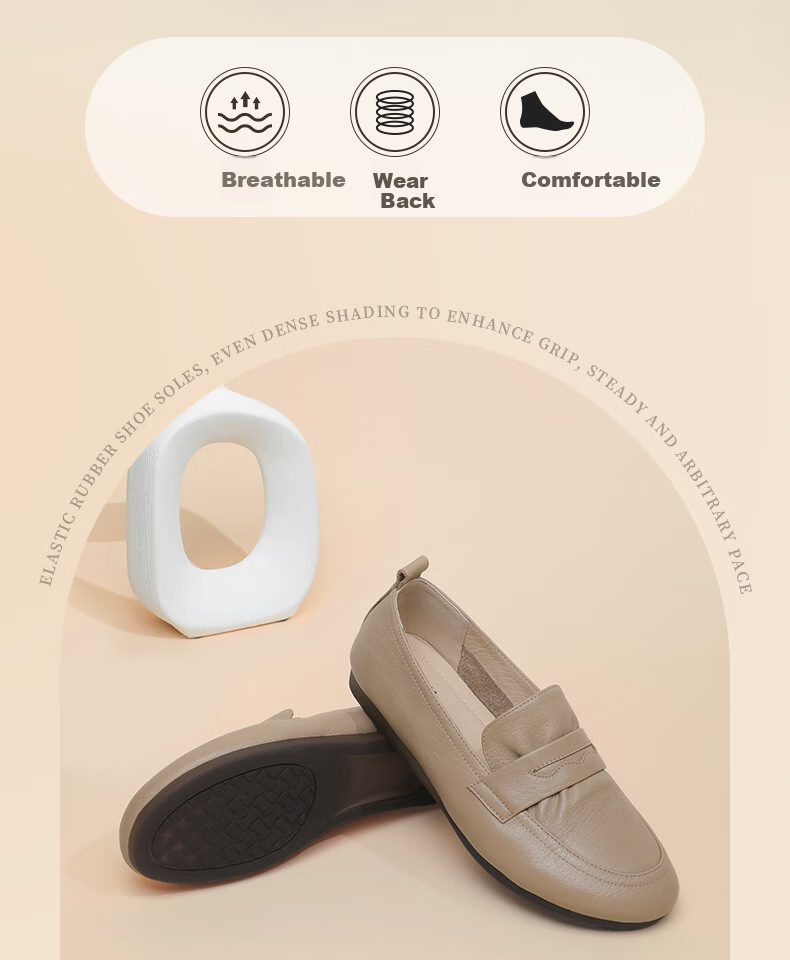 Goldlion Women's Shoes, Soft Leather And Sole, Mom Flats, Deep-Mouth Slip-On Loafers, G638310038, Apricot Color, Size 37 8