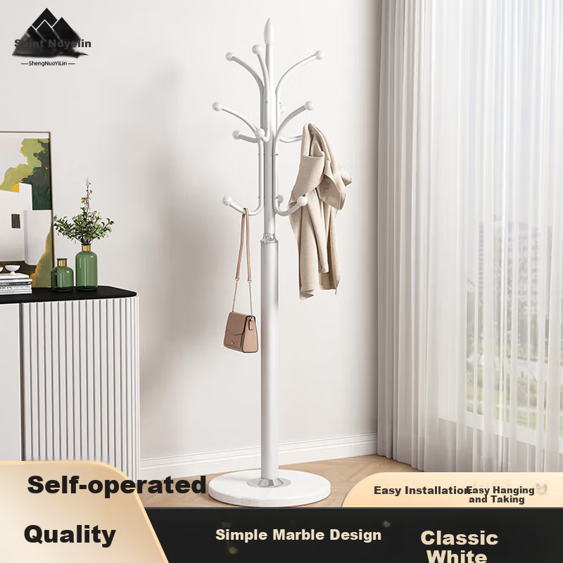Shengnuoyilin Coat Rack, Floor-Standing Clothes Hanger, Simple Home Marble Stand-Up Garment Rack, Ivory White