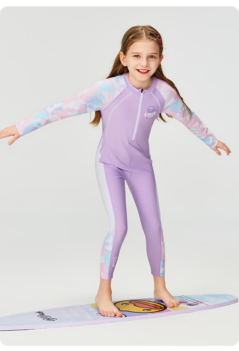 B.Duck Children's One-Piece Swimsuit for Girls, Long-Sleeve Sun Protection Swimwear for Older Kids, Mermaid Purple, Size 120 2