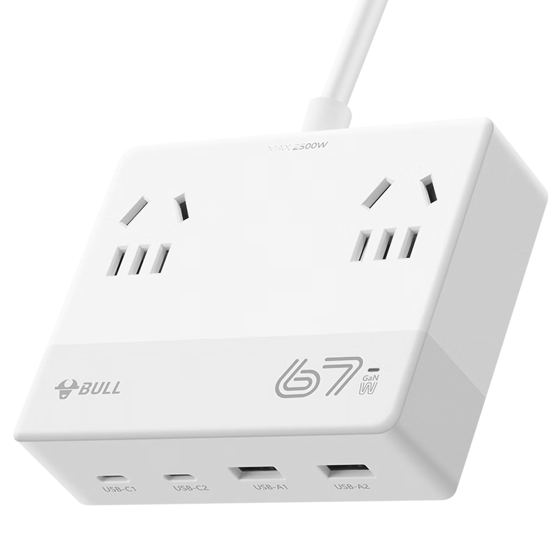 BULL 67W Gallium Nitride Mini Power Strip/USB Socket/Power Bar/Extension Cord/Power Strip, 3C Certified, Master Switch 2A2C + 3 Outlets, Total Length 1.5 Meters, White