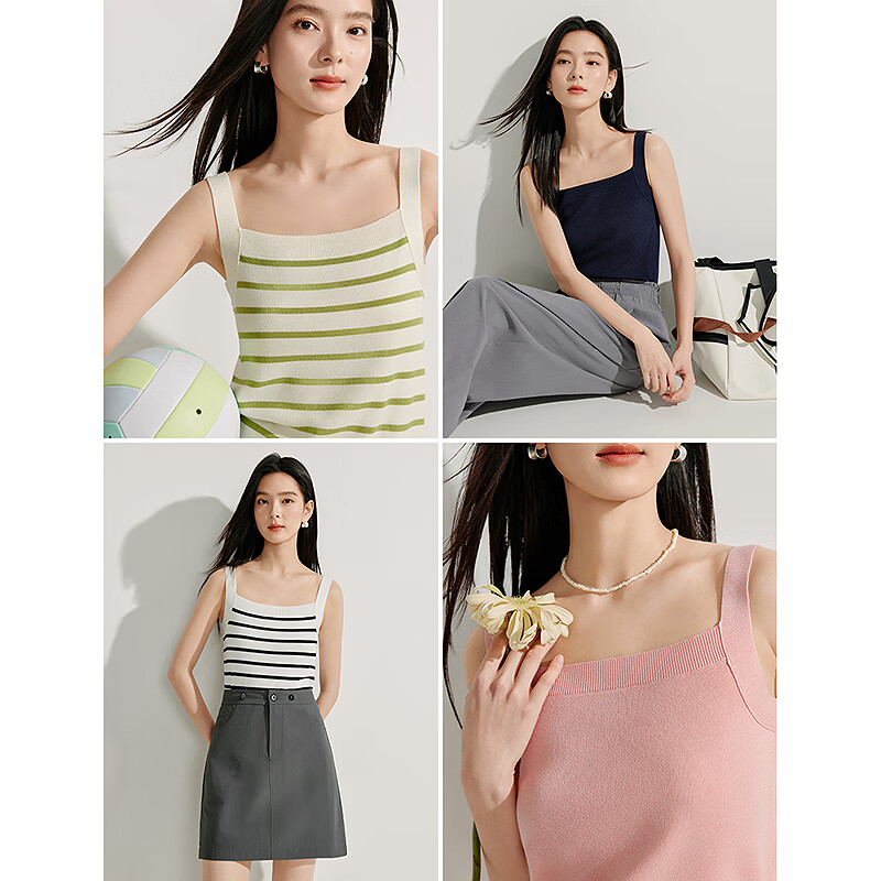 INMAN Striped Square Neck Knitted Camisole, 2026 Summer Women's New Short Fitted Top, Black, Size L