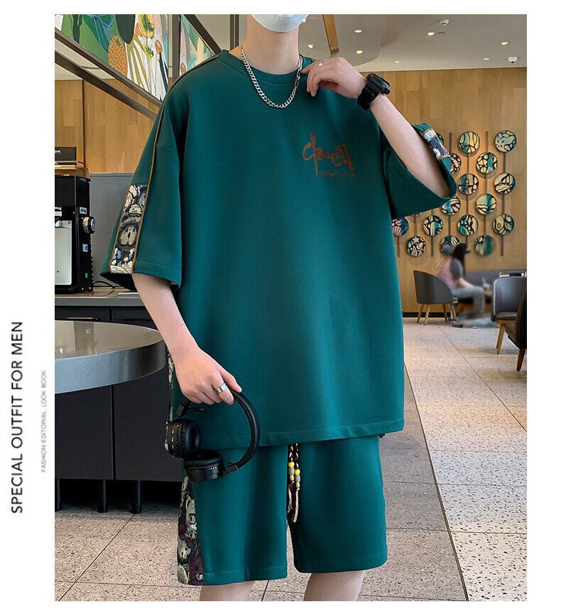 Zuofeili New Chinese-Style National Trend Casual Sports Set for Men, Summer Youth National Trend Ice Silk Short-Sleeve Shorts Outfit Two-Piece Set 13