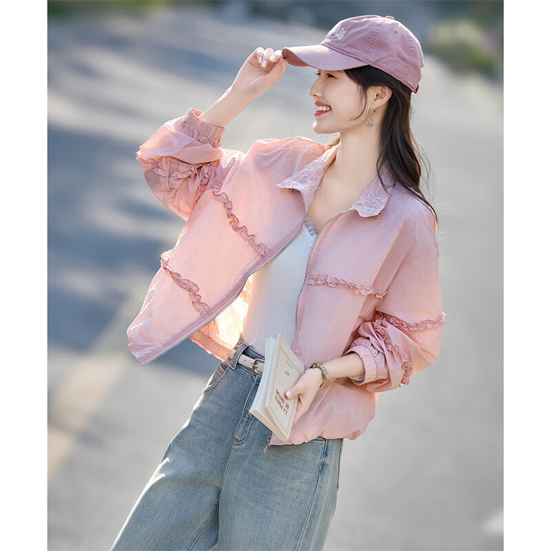 Shangjing Sweet Lace Trim Jacket, 2026 Summer New Lightweight Lace Patchwork Loose Sun Protection Coat for Women, Pink, S