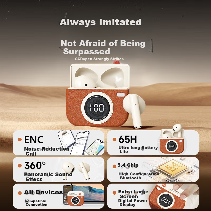 雅兰仕（EARISE）【柏林音效】复古相机款深度降噪超长续航半入耳式真无线运动跑步专用蓝牙耳机Q86 棕