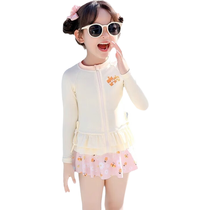 Huili Children's Swimsuit Girls' Two-Piece Set for Small to Large Kids Baby Hot Spring Play Swimming Three-Piece Set 35150 Off-White L