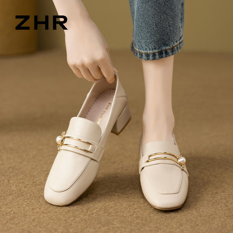 ZHR High Heels for Women, 2026 New Style Women's Shoes, Pearl Buckle Loafers, Women's Commuter Leather Shoes, Two-Way Wear K170 Beige 36