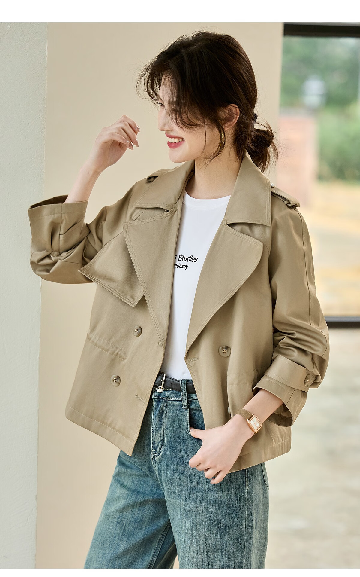 Taxiang British Style Short Windbreaker for Petite Women, Loose-Fitting Short Jacket, Versatile Casual Outerwear for Spring And Autumn, T51D025 16