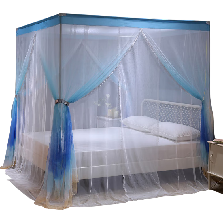 FUANNA Ink-Dyed Home Encrypted Floor Palace Mosquito Net, Three-Door Opening, 1.8x2 Meter Bed, Blue [Easy to Assemble]