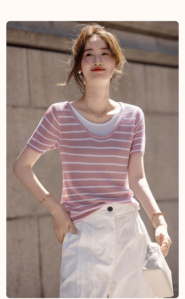 Dme [Xianxiao Philosophy] Spring And Autumn High-Wise Sensation Faux Two-Piece Striped Sweater, Elastic Comfortable Concealing Knit Top for Wome 1