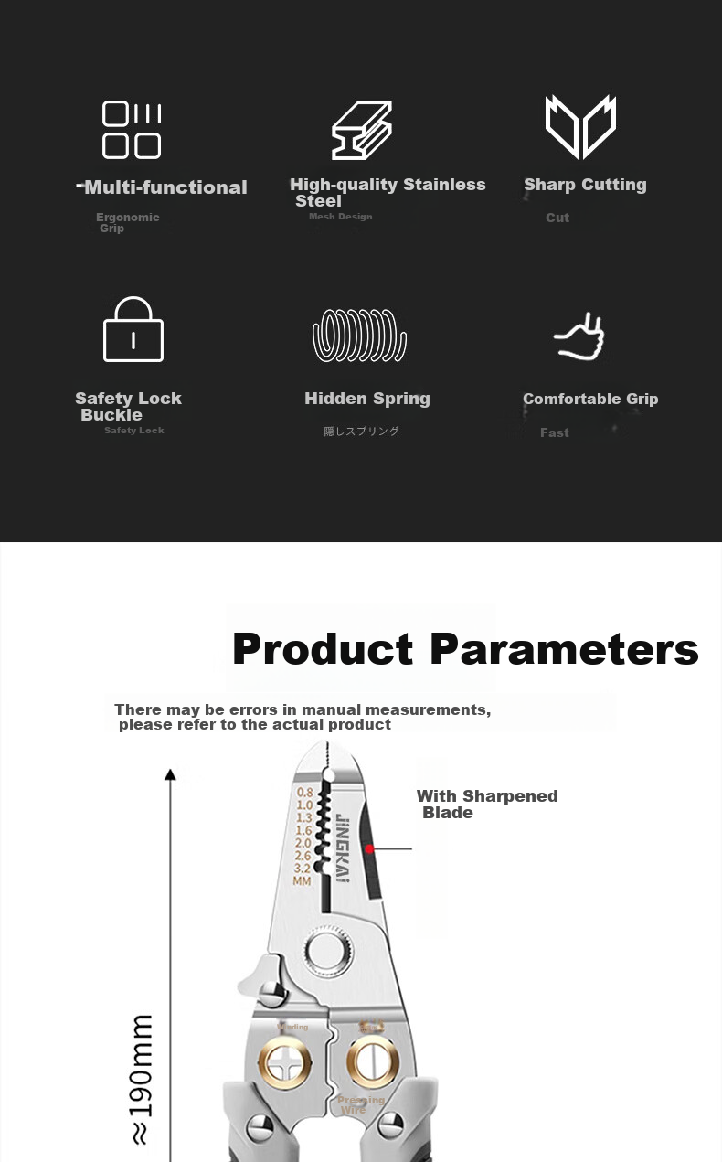 Jingkai Wire Stripping Pliers, Electrician's Pliers, 7-Inch Multifunctional Crimping Pliers, Wire Stripper, Cable Puller, Wiring Tool, Wire Peeling Pliers 3