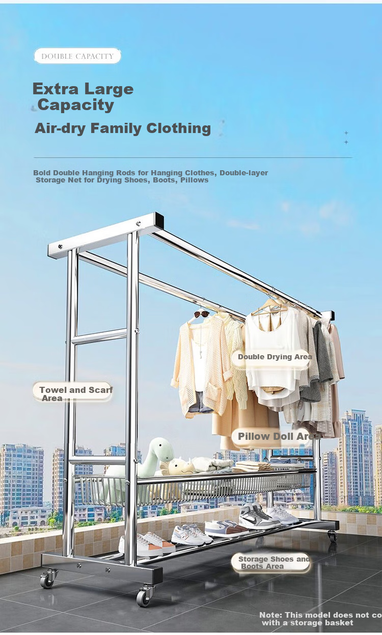 Haixifang Stainless Steel Clothes Drying Rack, Movable Outdoor Quilt Hanger, Double-Rod Single-Layer Shoe Rack, 1.5m 5