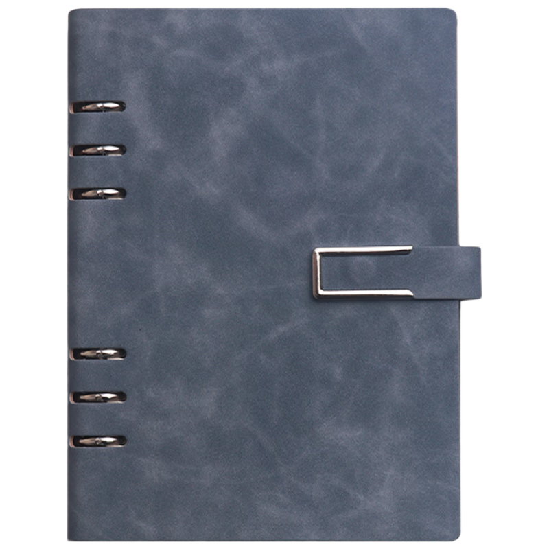 Tangyi A5 Blue-Gray 6-Ring Loose-Leaf Notebook, 100 Sheets, 200 Pages, Skin-Like Leather Cover, Business Office Meeting Record Book, Work Study Diary, Customizable Logo