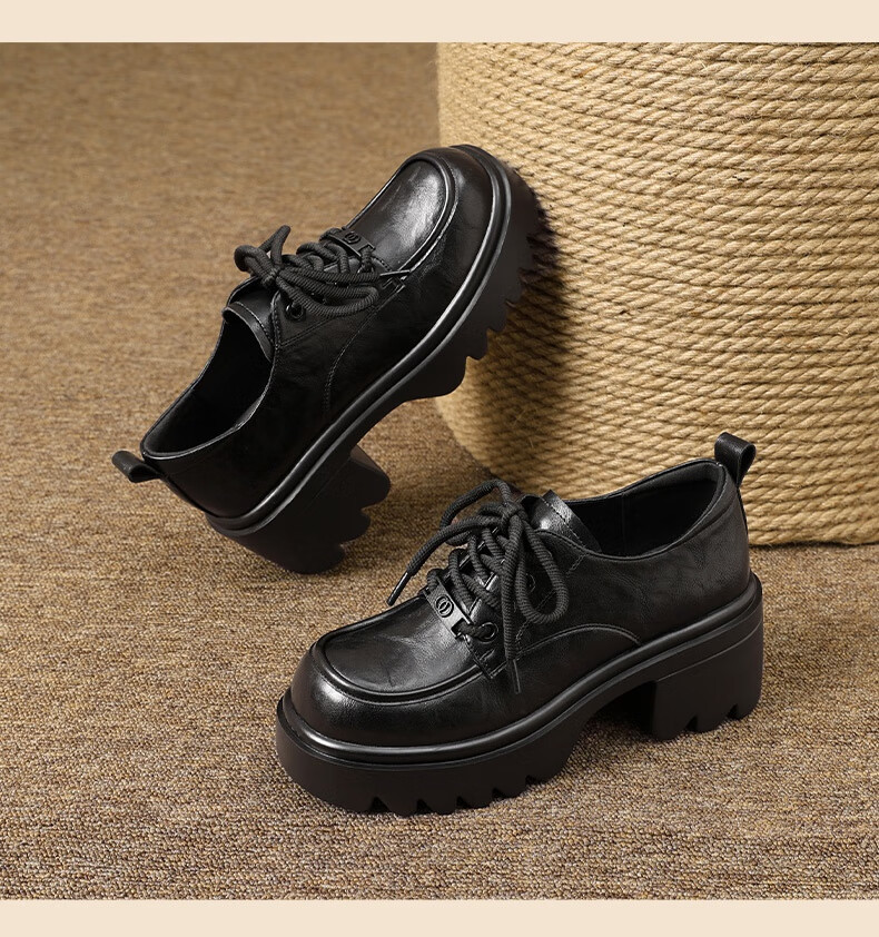 Mulinsen Women's Retro Classic Versatile Loafers Thick Sole Height Increasing Leather Shoes Black Size 36 12
