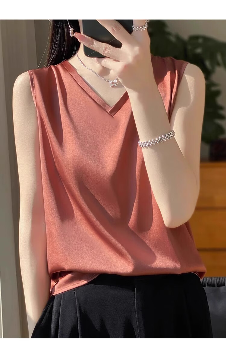GUJIN Double V-Neck Premium Ice Silk Camisole Women's Innerwear Suit Base Layer Faux Silk Satin Tank Top Spring 7