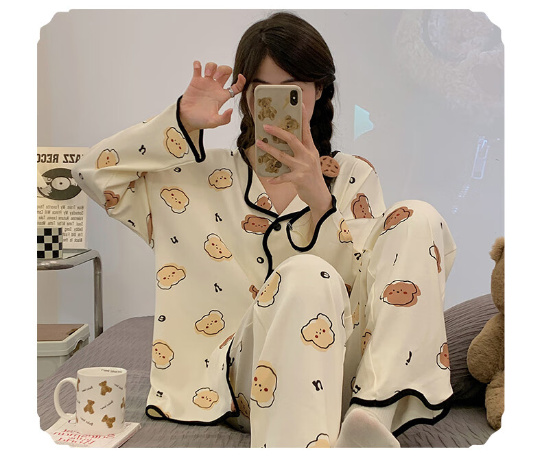 Hug Cotton Women's Pajamas Cartoon V-Neck Cardigan Loose Long Sleeve Long Pants Two-Piece Set Homewear Bear M 5