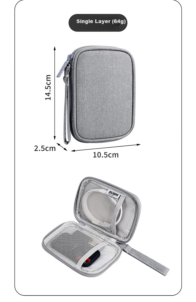 BUBM 2.5-Inch Portable Hard Drive Enclosure, Multifunctional Cable Storage Case, USB Drive Phone U-Dong Power Bank Earphone Protective Cover, Digital Accessory Storage Bag, Gray Single Layer 11
