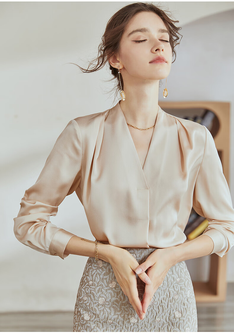 ROEYSHOUSE Satin Shirt for Women 2025 Summer Elegant V-Neck Long Sleeve Top Apricot M 2