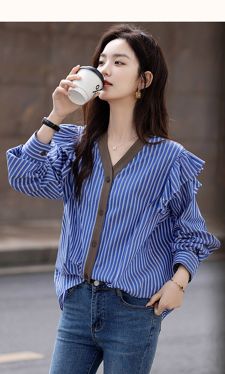 Dme [Straight to the Sky], Autumn Design V-Neck Striped Cotton Shirt, Patchwork Flutter Sleeves, Loose Blouse, Women's Top 11