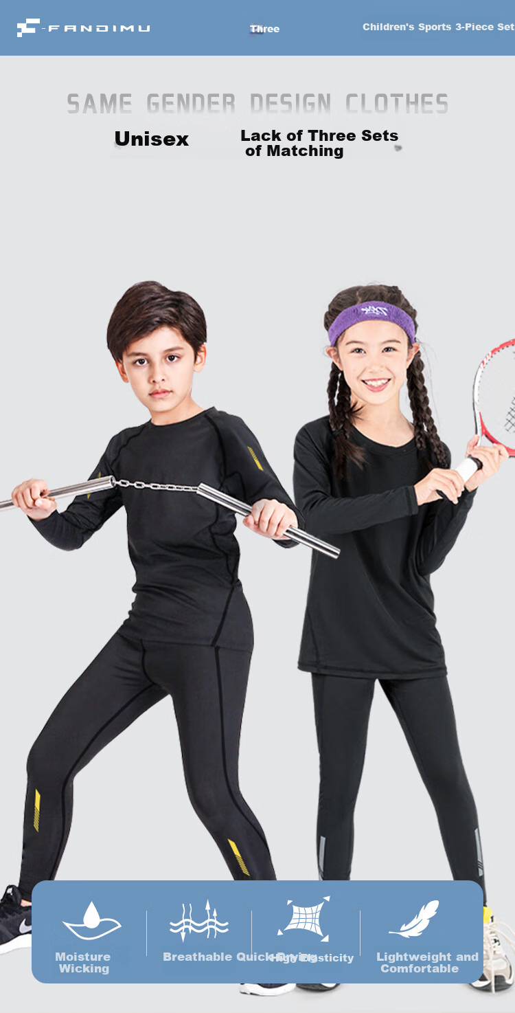 Fandimu [Children's Sports Set for Boys And Girls], Tight-Fitting Training Shirt, Running Suit for Teenagers, Fitness Wear, Badminton Outfit 1
