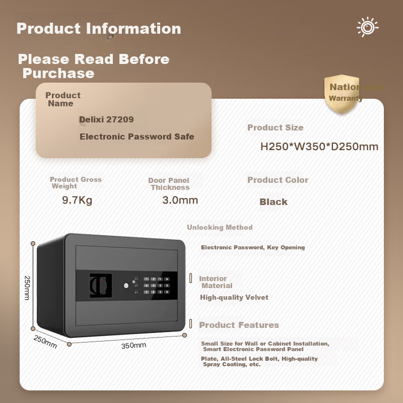 Deli Safe Box, Office And Home Electronic Password Storage Safe, Small Built-In Confidential File Cabinet, Fixed Installation, Flat Panel without Protrusion, 25cm Frosted Black