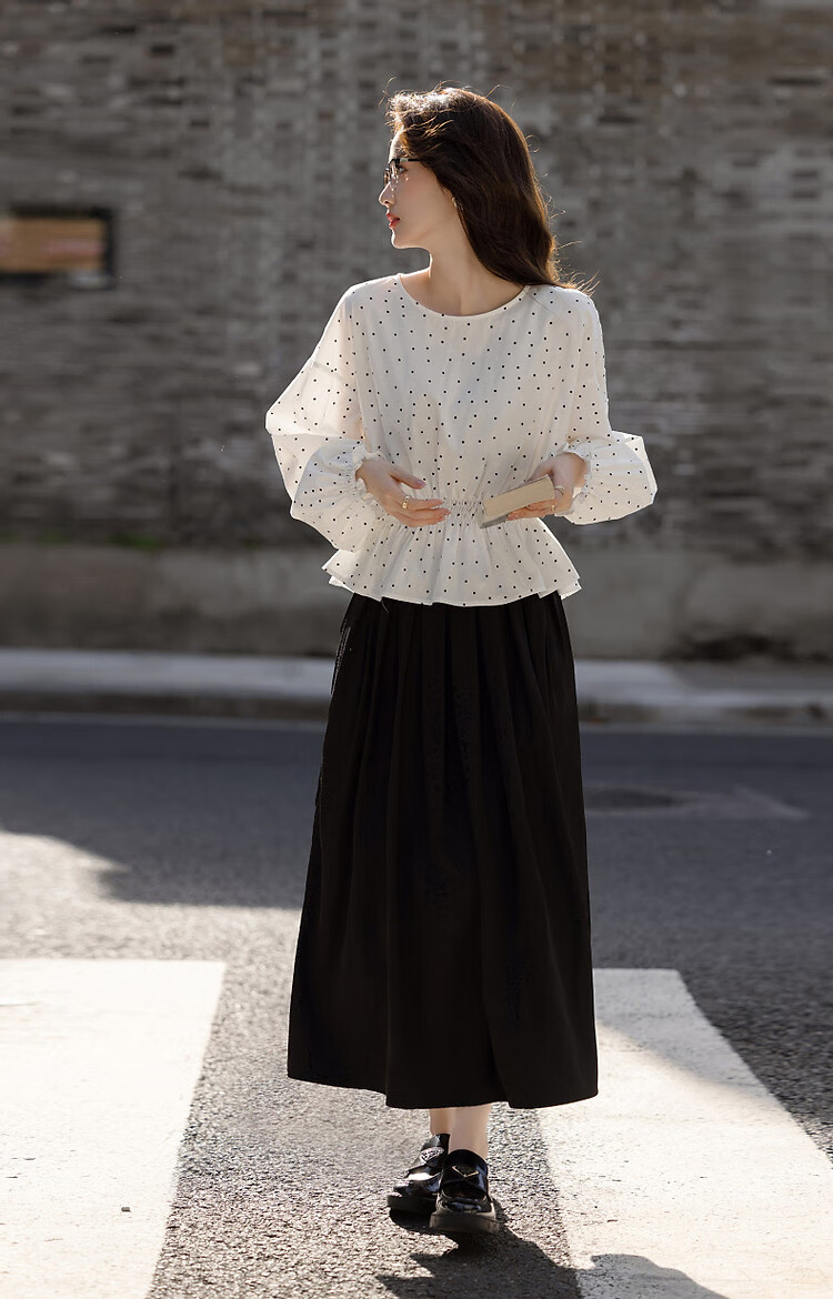 Dme [Will Breathe Cotton] Spring And Autumn French-Style Relaxed Round Neck Smock Waist-Cinching Drop Shoulder Slimming Shirt Women's Top 19