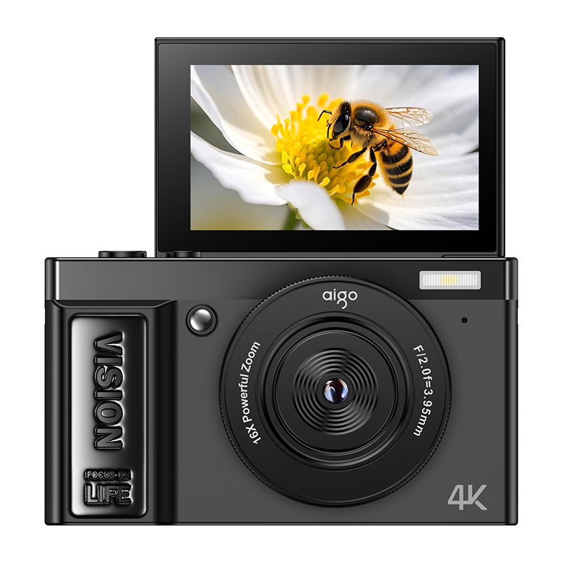 Aigo D9PRO/E9PRO, Flip Screen Selfie Student Digital Camera, Entry-Level Mirrorless Camera for Girls, Campus High-Definition Travel Alternative Ccd, Black 32GB without Light, with Wide-Angle Lens