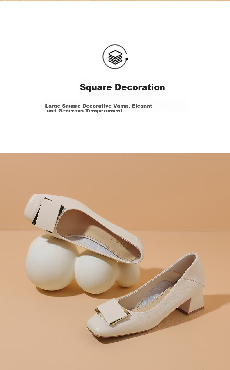 DAPHNE Women's Single Shoes, Cowhide Versatile Square Toe Chunky Heel High Heels, Commuter Women's Shoes 4024404003 Apricot Color Size 37 5